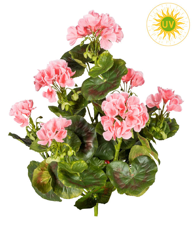 Élethű, UV-álló, dús, beszúrós kialakítású muskátli műnövény rózsaszín virágokkal