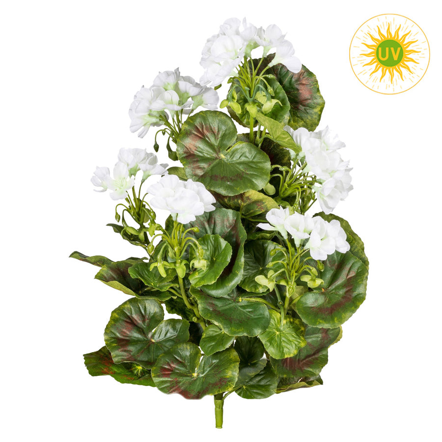 Élethű, UV-álló, dús, beszúrós kialakítású muskátli műnövény fehér virágokkal