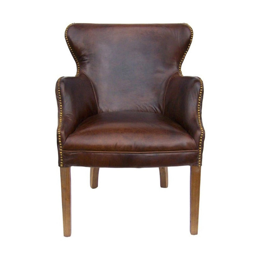 Vintage stílusú, dohánybarna színű, bőrrel kárpitozott bőr karosszék.