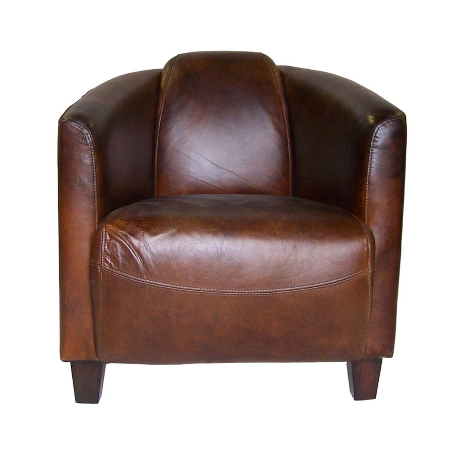 Georgio bőrfotel ferde nézetből, retró stílusban, ívelt karfákkal