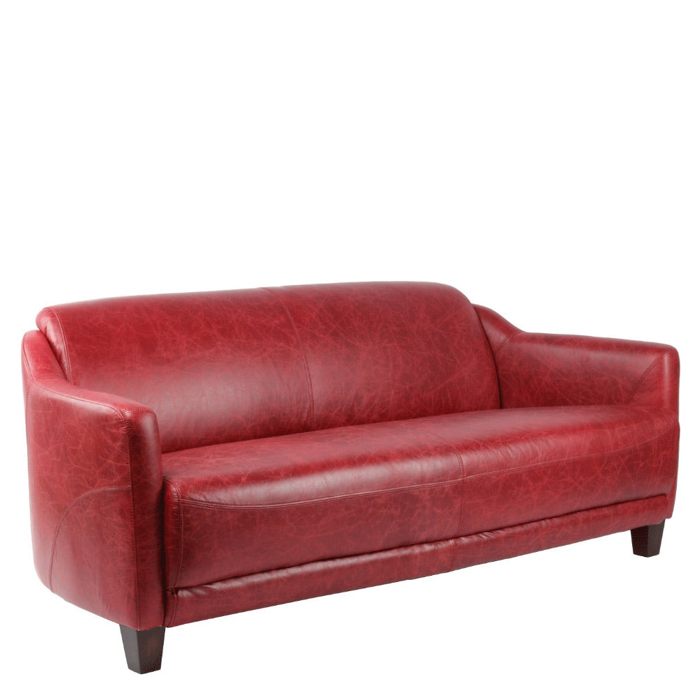 Vintage stílusú, vörös színű, valódi bőrrel kárpitozott kanapé. 
