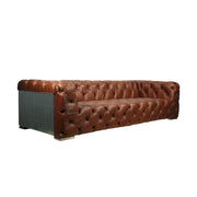 Négy személyes, kortárs-retró stílusú, barna színű marhabőrkanapé, szegecselt alumínium burkolattal