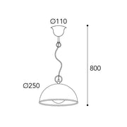 Ipari stílusú réz függesztéklámpa méretrajza – 80 cm magasság, 25 cm búraátmérő, 11 cm mennyezeti takaró.