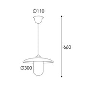 Moretti Luce Trasimeno réz függeszték méretrajza 66 cm-es magassággal, 30 cm-es árnyékolóval és 11 cm-es mennyezeti takaróelemmel