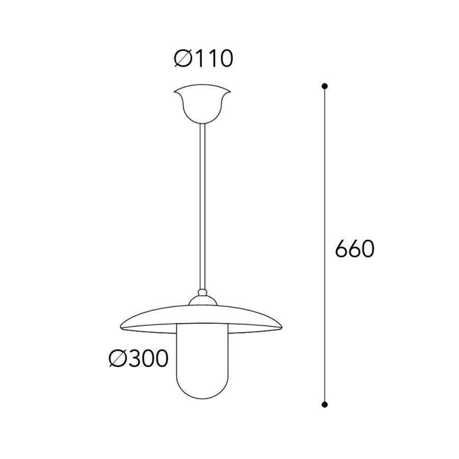 Moretti Luce Trasimeno réz függeszték méretrajza 66 cm-es magassággal, 30 cm-es árnyékolóval és 11 cm-es mennyezeti takaróelemmel