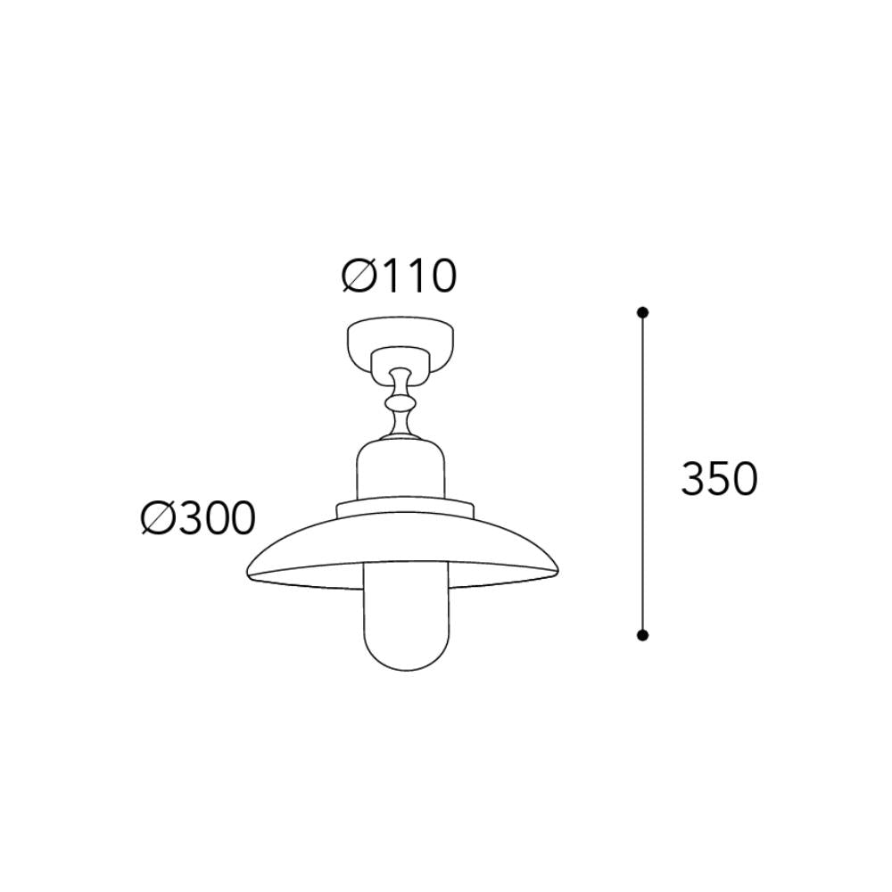 Patio loft stílusú réz mennyezeti lámpa méretrajza, 30 cm lámpaernyő-átmérővel és 35 cm teljes magassággal.