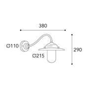 Moretti Luce Chalet réz falikar méretrajza 29 cm-es magassággal, 38 cm-es kinyúlással és 21,5 cm-es lámpafejjel