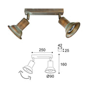 Vintage stílusú, réz spot lámpa méretábrája