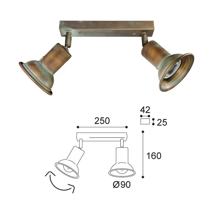 Vintage stílusú, réz spot lámpa méretábrája