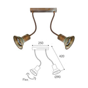 Vintage stílusú, réz spot lámpa két flexibilis foglalattal.