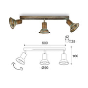 Vintage stílusú, réz spot lámpa méretábrája.