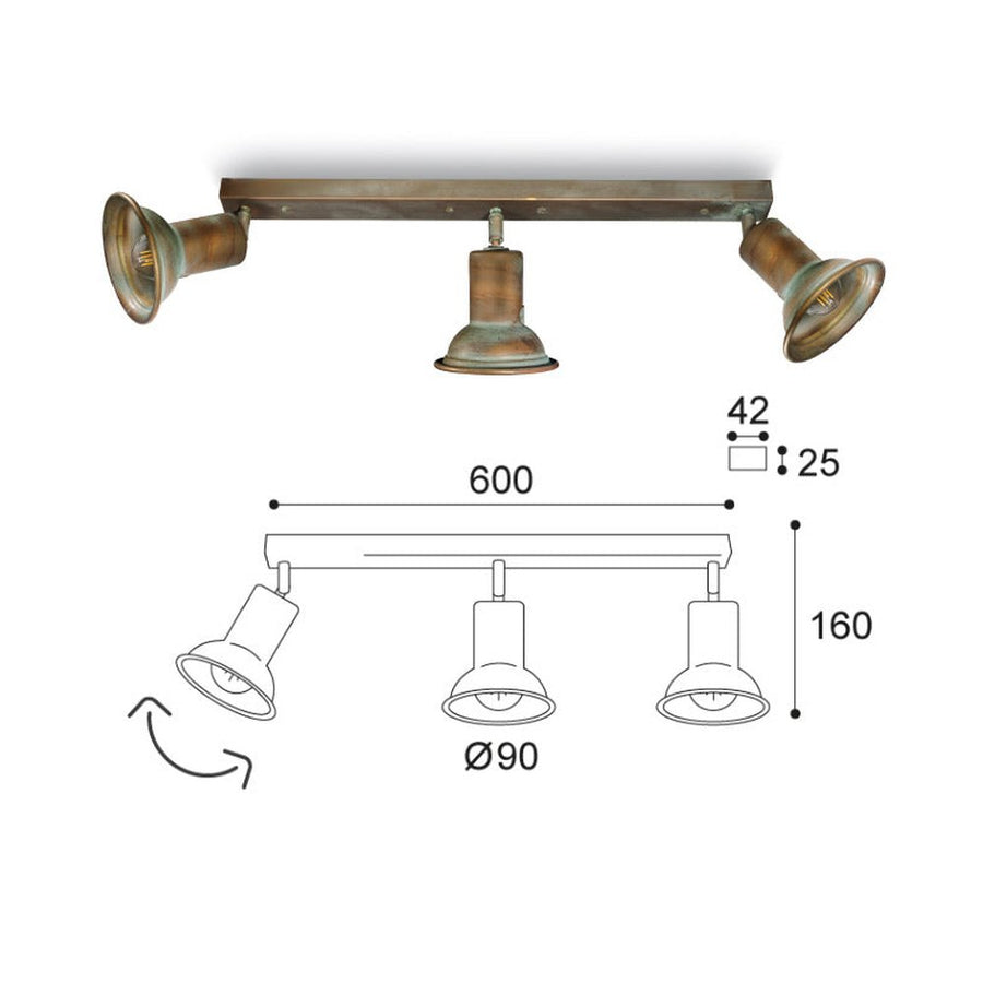 Vintage stílusú, réz spot lámpa méretábrája.