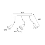 Genziana háromlámpás réz spotlámpa méretrajza, 60 cm hosszú szerelvénnyel, 42 cm hosszú flexibilis karokkal és 9 cm búraátmérővel.
