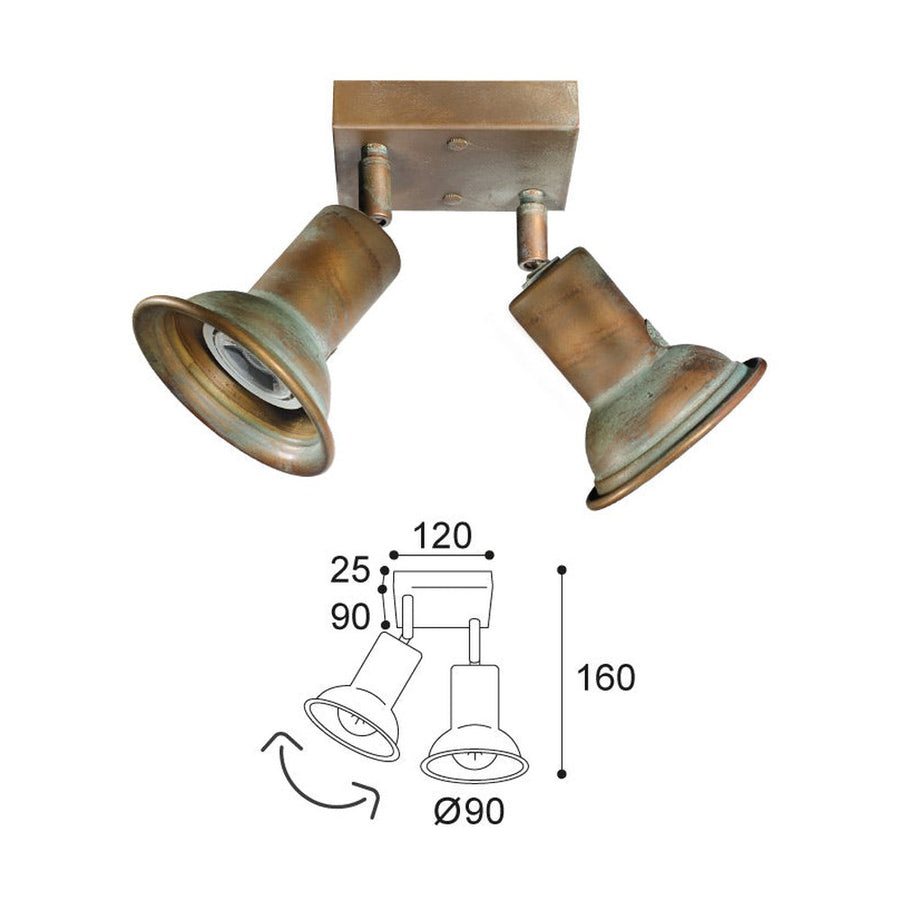 Vintage stílusú, réz spot lámpa méretábrája.