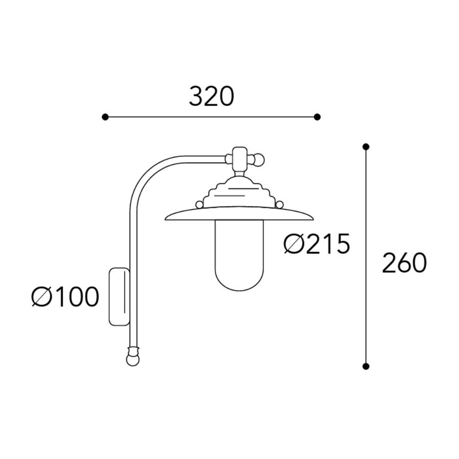 Moretti Luce Chalet réz falikar méretrajza 26 cm-es magassággal, 32 cm-es kinyúlással és 21,5 cm-es lámpafejjel