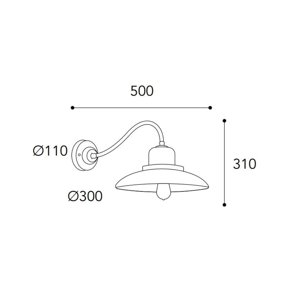Patio loft stílusú réz falikar méretrajza, 50 cm-es kinyúlással, 31 cm magassággal és 30 cm átmérőjű lámpaernyővel.