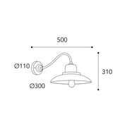 Patio loft stílusú réz falikar méretrajza, 50 cm-es kinyúlással, 31 cm magassággal és 30 cm átmérőjű lámpaernyővel.