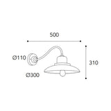 Patio loft stílusú réz falikar méretrajza, 50 cm-es kinyúlással, 31 cm magassággal és 30 cm átmérőjű lámpaernyővel.