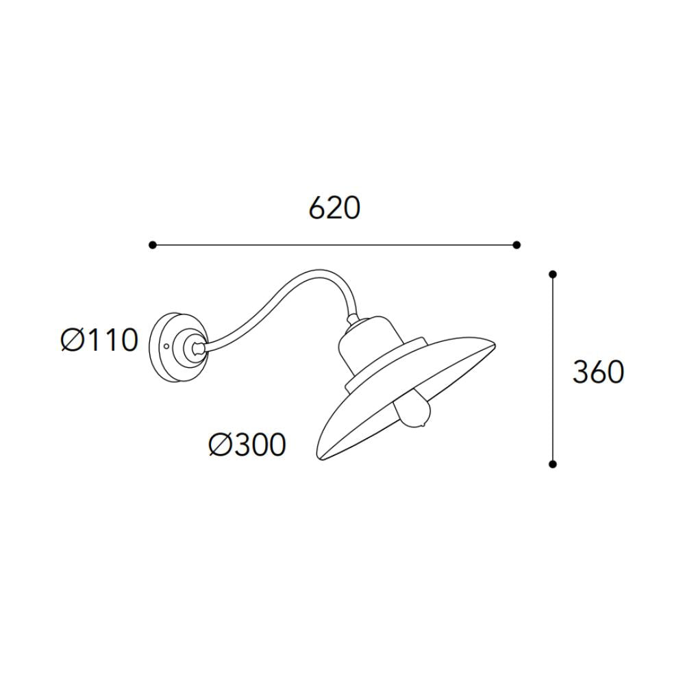 Patio loft stílusú réz falikar méretrajza, 62 cm-es kinyúlással, 36 cm magassággal és 30 cm átmérőjű lámpaernyővel.