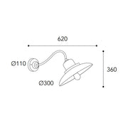 Patio loft stílusú réz falikar méretrajza, 62 cm-es kinyúlással, 36 cm magassággal és 30 cm átmérőjű lámpaernyővel.