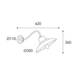 Patio loft stílusú réz falikar méretrajza, 62 cm-es kinyúlással, 36 cm magassággal és 30 cm átmérőjű lámpaernyővel.