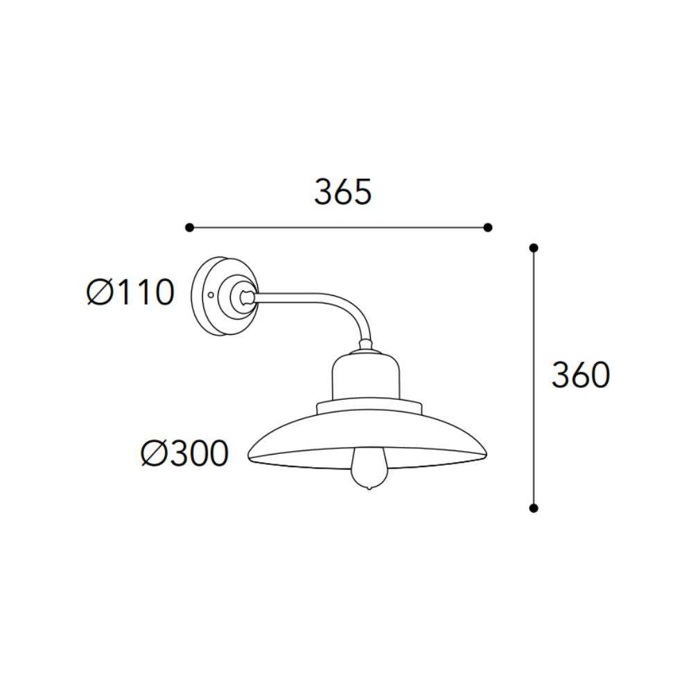 Patio loft stílusú réz falikar méretrajza, 36,5 cm-es kinyúlással, 36 cm magassággal és 30 cm átmérőjű lámpaernyővel.