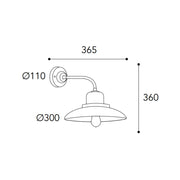 Patio loft stílusú réz falikar méretrajza, 36,5 cm-es kinyúlással, 36 cm magassággal és 30 cm átmérőjű lámpaernyővel.
