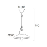 Patio loft stílusú réz függesztéklámpa méretrajza, 30 cm lámpaernyő-átmérővel és 78 cm teljes magassággal.