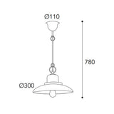 Patio loft stílusú réz függesztéklámpa méretrajza, 30 cm lámpaernyő-átmérővel és 78 cm teljes magassággal.