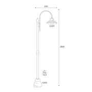Mill két lámpás réz kandeláber méretrajza 280 cm-es magassággal és 65 cm-es szélességgel