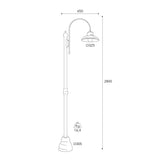 Mill két lámpás réz kandeláber méretrajza 280 cm-es magassággal és 65 cm-es szélességgel