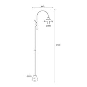 Patio egylámpás réz kandeláber méretrajza 270 cm magassággal, 64 cm szélességgel és 30 cm átmérőjű lámpaernyővel.