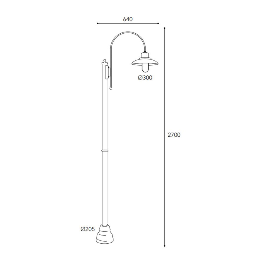 Patio egylámpás réz kandeláber méretrajza 270 cm magassággal, 64 cm szélességgel és 30 cm átmérőjű lámpaernyővel.