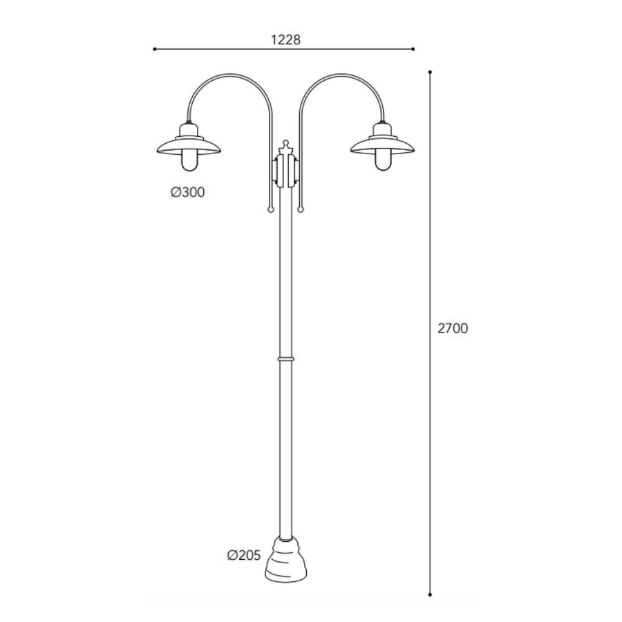 Patio két lámpás réz kandeláber méretrajza 270 cm magassággal, 122,8 cm szélességgel és 30 cm átmérőjű lámpaernyőkkel.