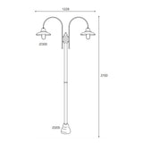 Patio két lámpás réz kandeláber méretrajza 270 cm magassággal, 122,8 cm szélességgel és 30 cm átmérőjű lámpaernyőkkel.