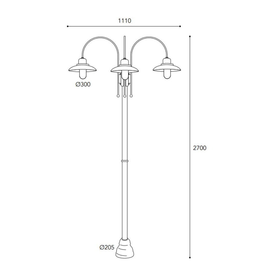 Patio egylámpás réz kandeláber méretrajza 270 cm magassággal, 111 cm szélességgel és 30 cm átmérőjű lámpaernyővel.