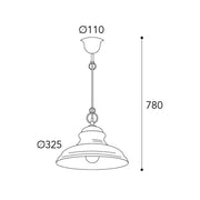 Moretti Luce Mill réz függeszték méretrajza 78 cm-es magassággal, 32,5 cm-es lámpabúrával és 11 cm-es mennyezeti takaróelemmel
