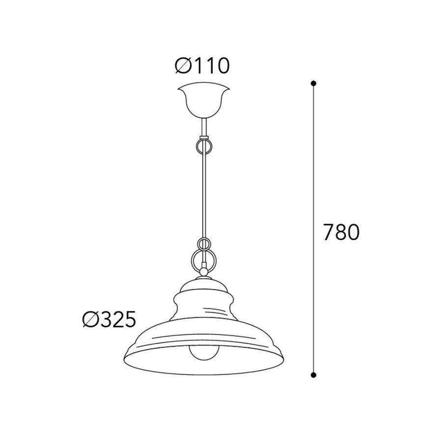 Moretti Luce Mill réz függeszték méretrajza 78 cm-es magassággal, 32,5 cm-es lámpabúrával és 11 cm-es mennyezeti takaróelemmel
