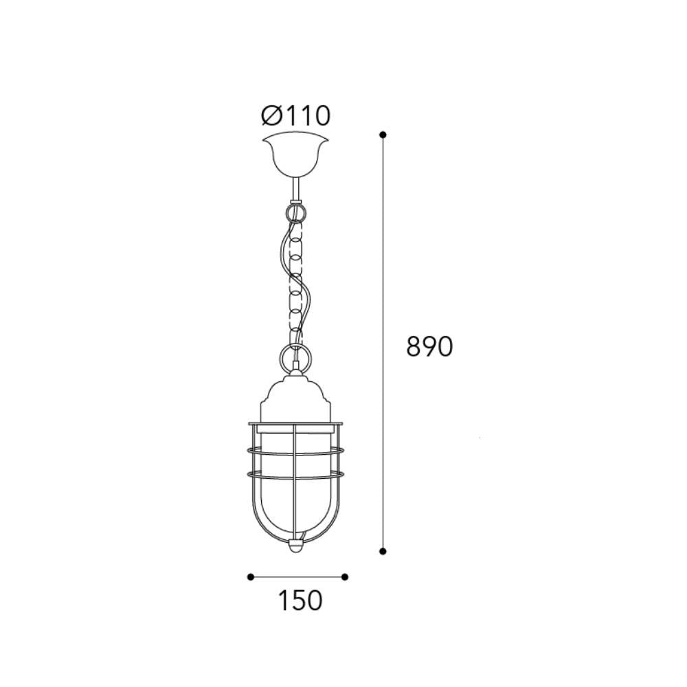 Torcia réz függeszték méretrajza, 89 cm-es teljes magassággal, 15 cm-es lámpabúrával és 11 cm átmérőjű mennyezeti takaróelemmel.