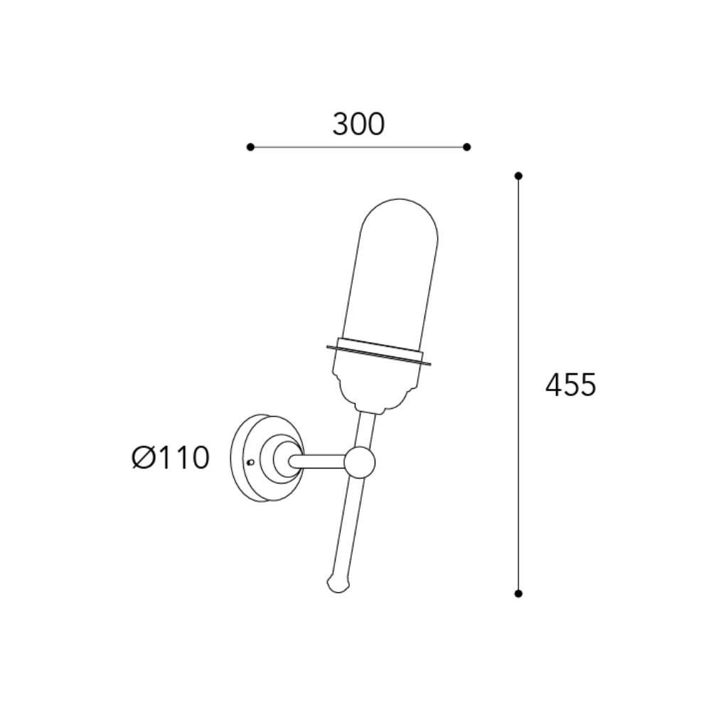Torcia réz falilámpa méretrajza, 45,5 cm-es teljes magassággal, 30 cm-es faltól mért kinyúlással és 11 cm-es fali szerelvénnyel.