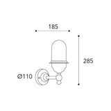 Torcia ipari réz falilámpa méretrajza 28,5 cm-es magassággal, 18,5 cm-es faltól mért kinyúlással és 11 cm-es fali szerelvénnyel