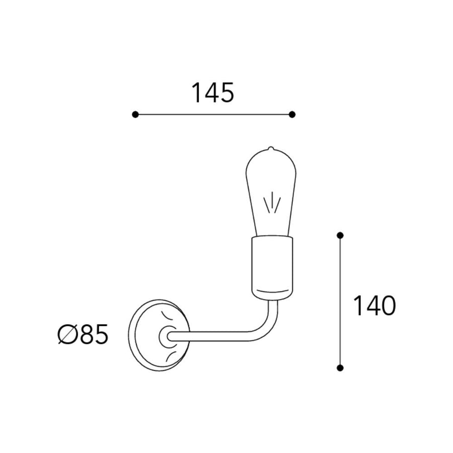 Lumen loft stílusú réz falikar méretrajza 14 cm magassággal, 14,5 cm-es kinyúlással és 8,5 cm átmérőjű fali szerelvénnyel.