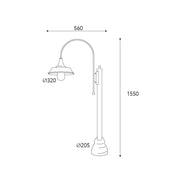 Atelier réz kandeláber méretrajza 155 cm magassággal, 56 cm-es kinyúlással és 32 cm-es lámpaernyővel