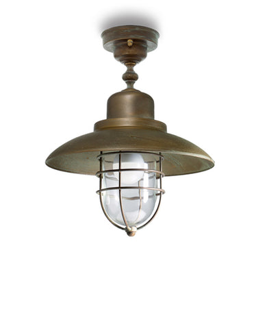 Loft stílusú, rézből készült mennyezeti lámpa fémrácsos üvegbúrával
