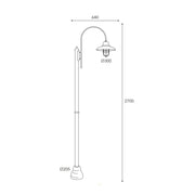 Patio Cage egylámpás réz kandeláber méretrajza 270 cm magassággal, 64 cm szélességgel és 30 cm átmérőjű védőrácsos lámpaernyővel.