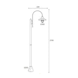 Patio Cage egylámpás réz kandeláber méretrajza 270 cm magassággal, 64 cm szélességgel és 30 cm átmérőjű védőrácsos lámpaernyővel.