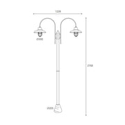 Patio Cage egylámpás réz kandeláber méretrajza 270 cm magassággal, 122,8 cm szélességgel és 30 cm átmérőjű védőrácsos lámpaernyővel.