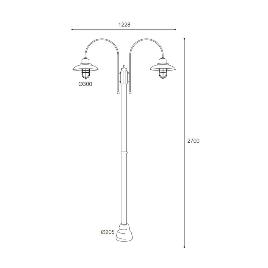 Patio Cage egylámpás réz kandeláber méretrajza 270 cm magassággal, 122,8 cm szélességgel és 30 cm átmérőjű védőrácsos lámpaernyővel.