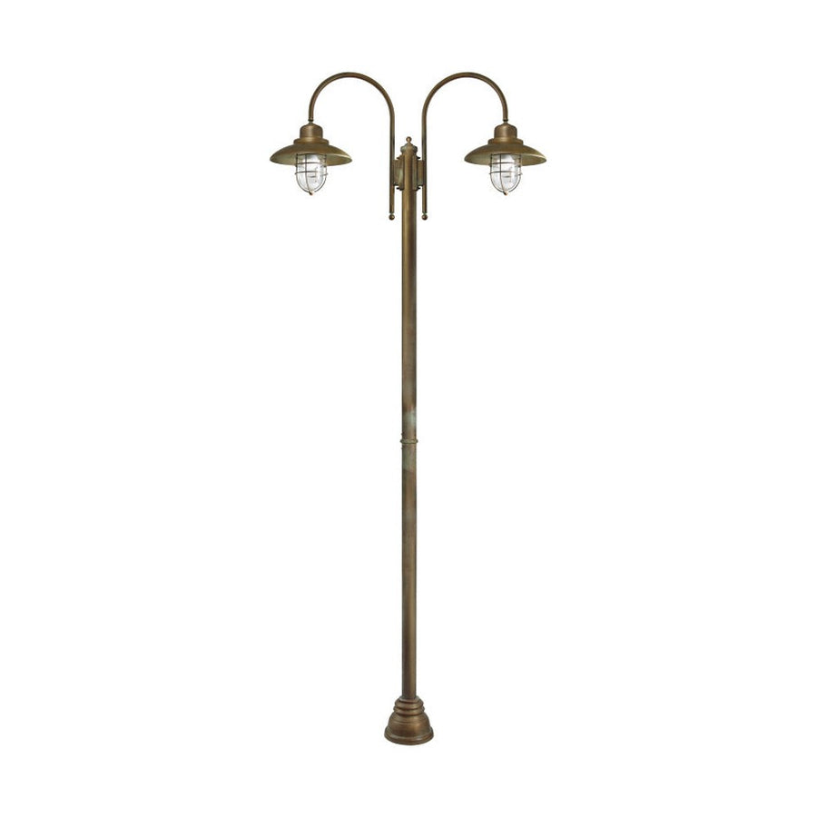 Loft stílusú, rézből készült, 270 cm magas kandeláber két darab fémrácsos üvegbúrával