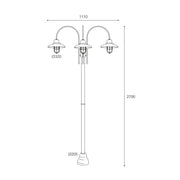 Patio Cage egylámpás réz kandeláber méretrajza 270 cm magassággal, 111 cm szélességgel és 30 cm átmérőjű védőrácsos lámpaernyővel.